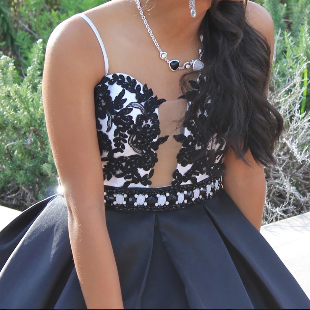 DAVE AND JOHNNY || Black and White Embellished Beaded Princess Homecoming Dress